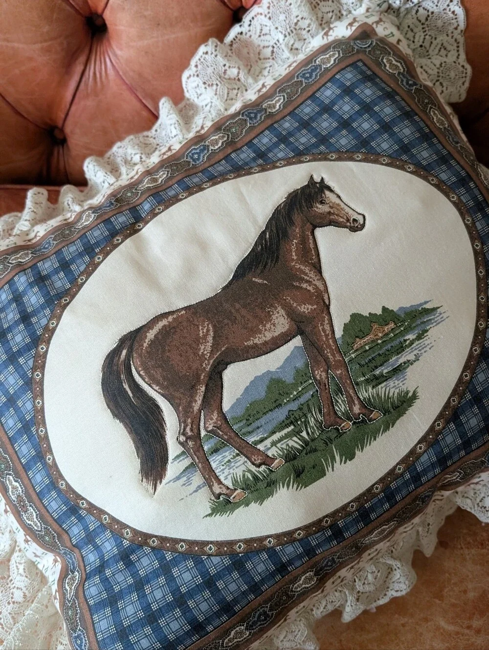 Vintage Horse Tapestry Pillow | Cottagecore Lace Accent Equestrian